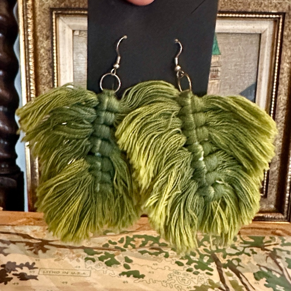 Handmade Green Macramé Feather bohemian Earrings - Women Accessories